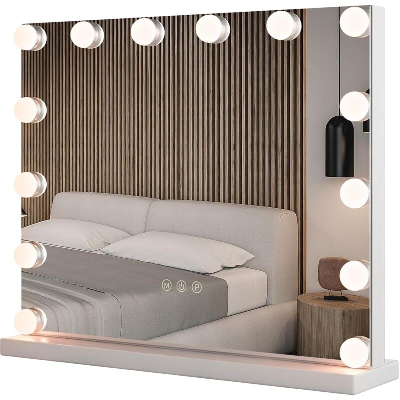 foto del prodotto specchio per trucco illuminato, specchio da tavolo con 14 luci led e specchio con ingrandimento 5x, specchio da toeletta con 3 colori e luminosit 
