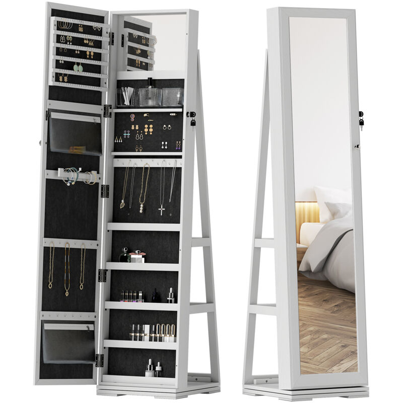 foto del prodotto specchio portagioie girevole per camera in legno bianco con 2 chiavi homcom