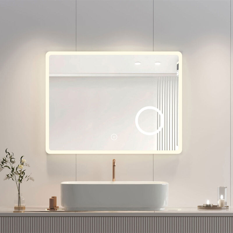 foto del prodotto specchio retroilluminato da bagno con ingranditore 3x, anti appannamento specchi luminosi per bagno, luce a 3 colori regolabile 80x60 cm heilmetz