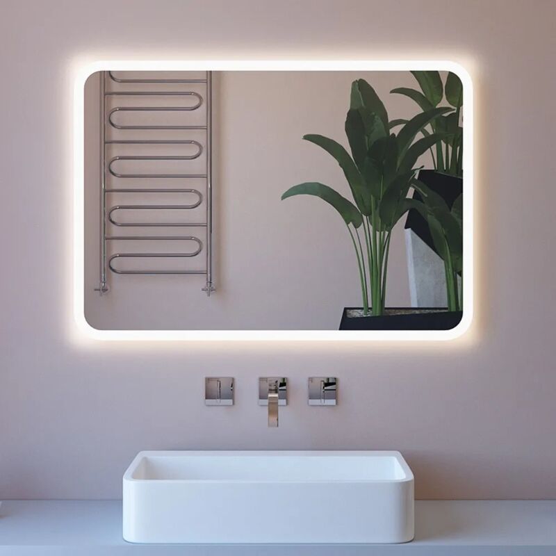 foto del prodotto specchio retroilluminato led 80x60 installazione reversibile e angoli tondi