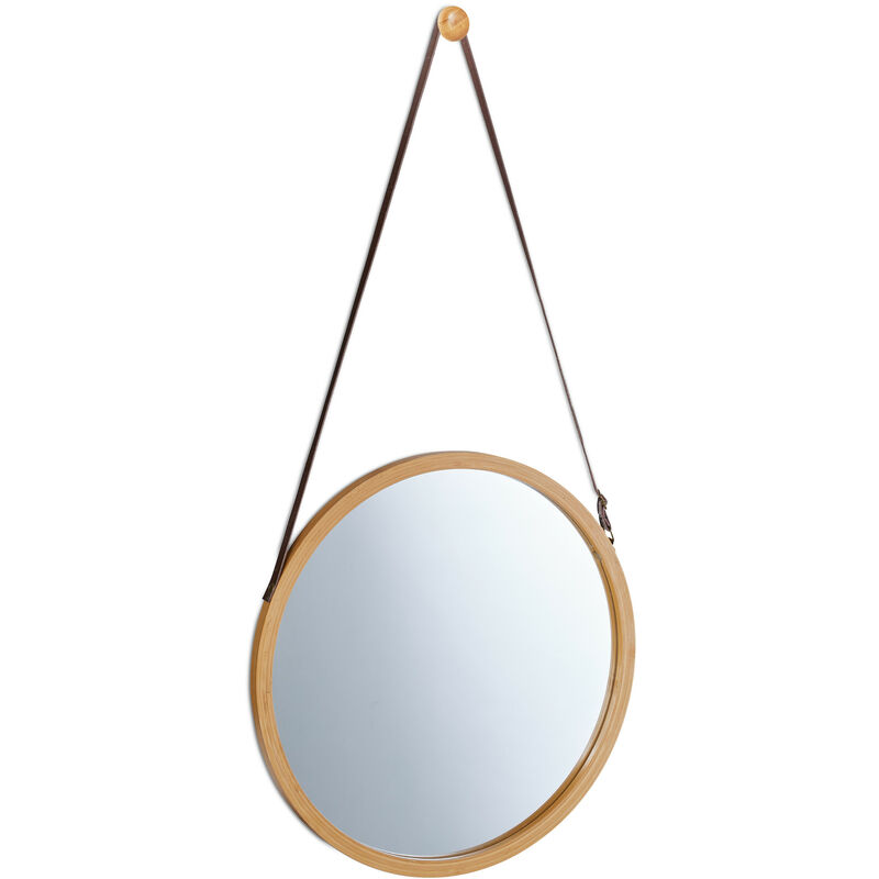 foto del prodotto specchio rotondo da appendere, specchiera con cinghia regolabile e cornice in bamb , 38 cm, marrone chiaro relaxdays
