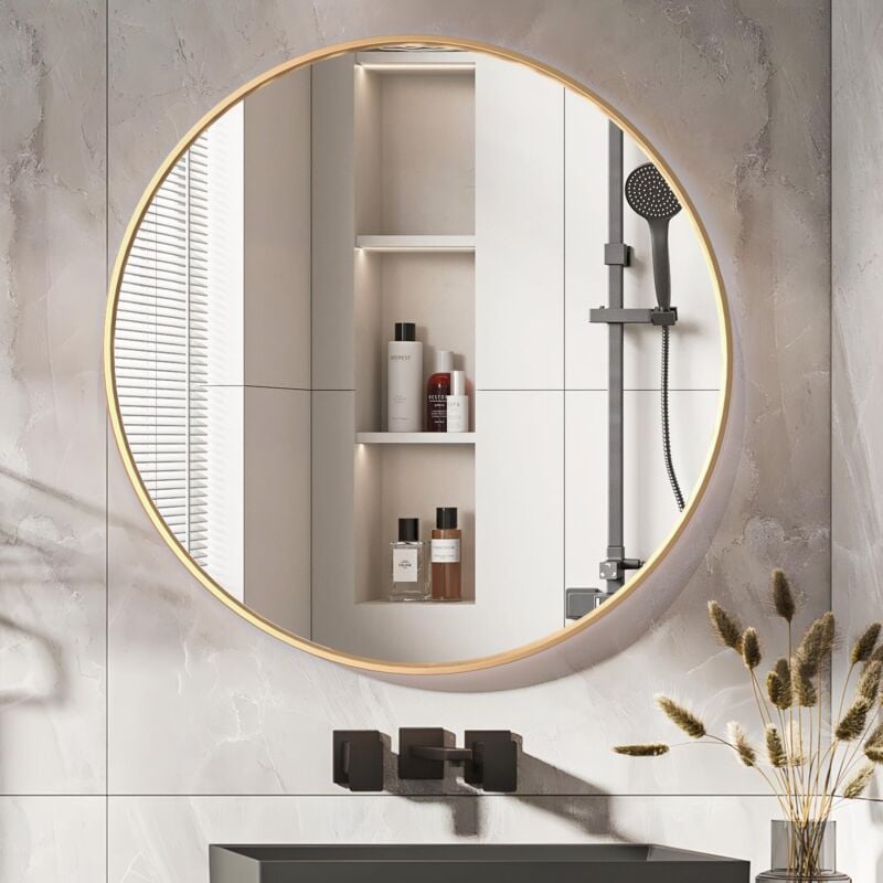 foto del prodotto specchio rotondo oro, specchio rotondo da parete 80 cm, grande specchio da bagno, specchio cosmetico a parete sopra il lavandino per soggiorno, wc,