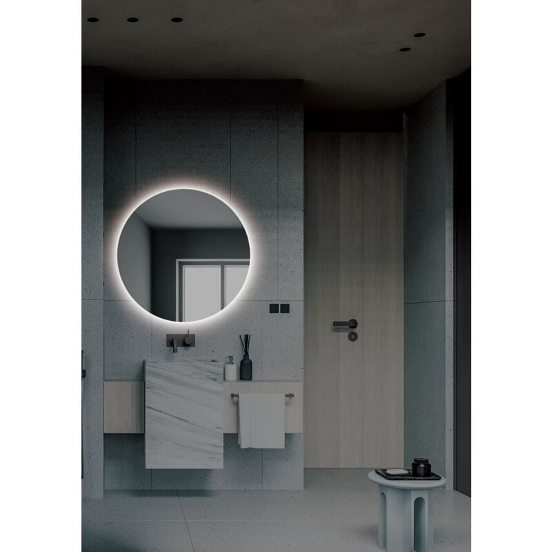 foto del prodotto specchio rotondo, retroilluminato, luce fredda, doppio sensore, antiappannamento e on off. specchio da bagno con illuminazione led 70 cm