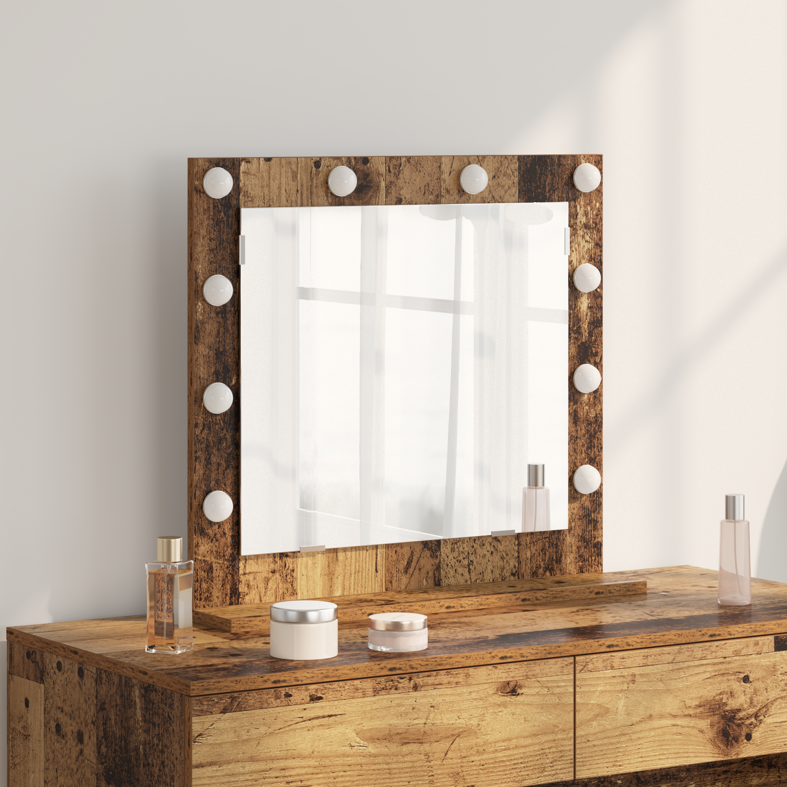 foto del prodotto specchio vanity con luci led legno antico 60x55x18 cm