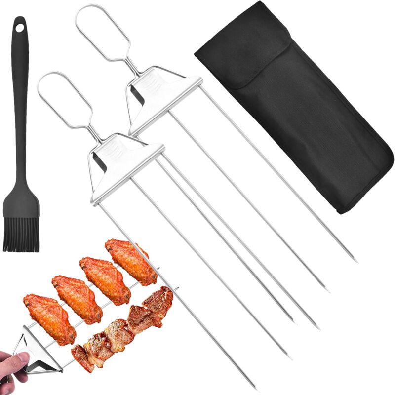 foto del prodotto spiedini a 3 punte, spiedini per barbecue per grigliate, spiedini in acciaio inossidabile con barra scorrevole scorrevole, accessori per barbecue per