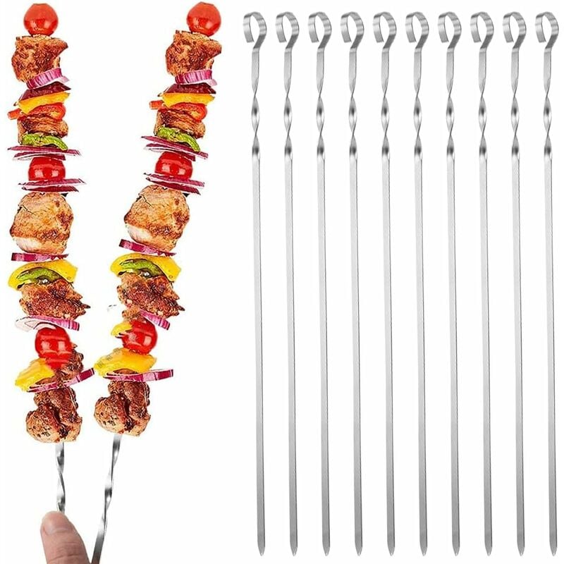 foto del prodotto spiedini per barbecue, spiedini in acciaio inossidabile, spiedini per barbecue da 10 pezzi, resistenti e riutilizzabili, per barbecue verdure feste