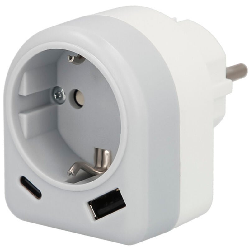 foto del prodotto spina adattatore schuko con 2 prese, usb a c. potenza massima 3680 w. caricatore mobile, caricatore mobile 2 prese, adattatore mobile maurer