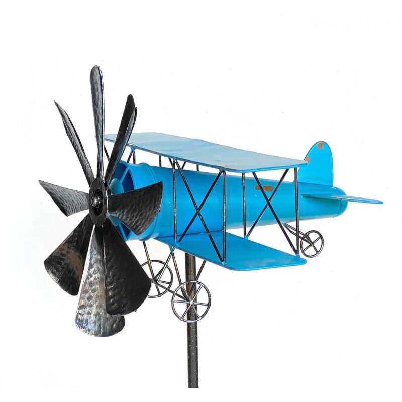 foto del prodotto spina da giardino aeroplano in metallo xl 160 cm double decker blu 96099 carillon del vento ruota del vento resistente alle intemperie decorazione da