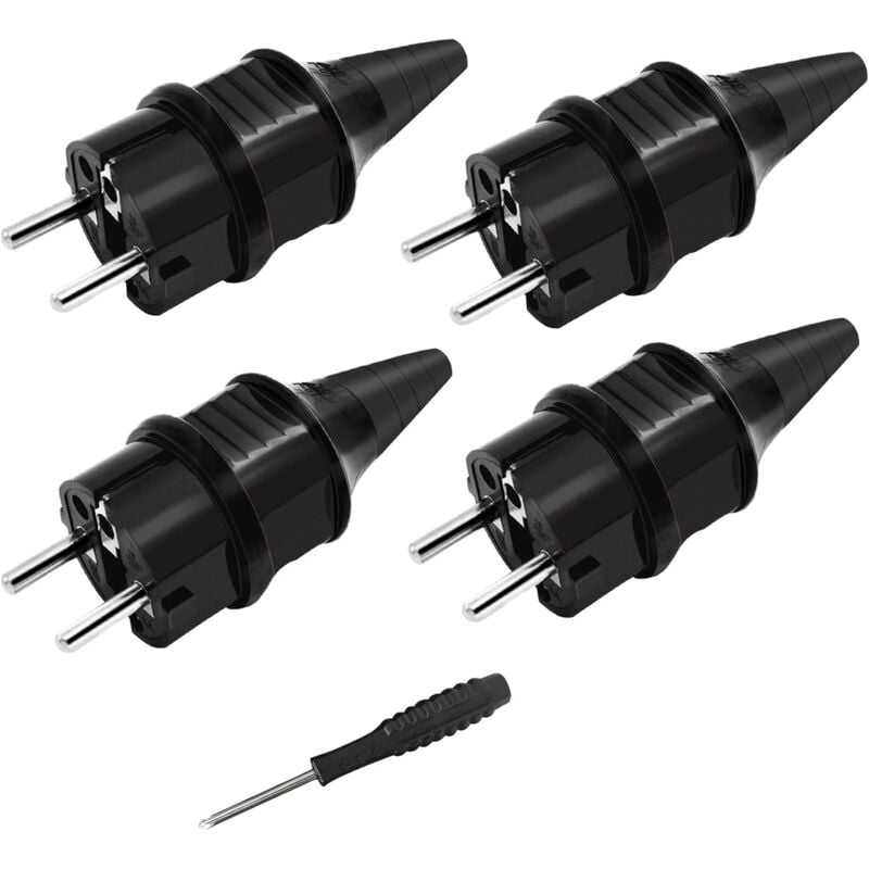foto del prodotto spina schuko con protezione antipiega 4 pezzi , 4 x spine con contatto di terra in gomma 250 v 16 a 1 x cacciavite, spina per presa esterna,