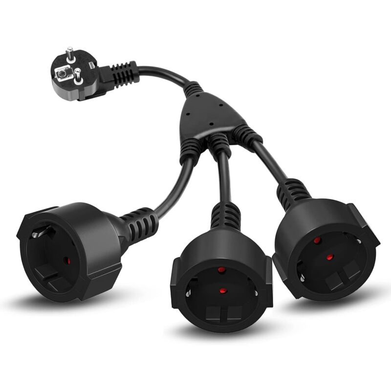 foto del prodotto spina tripla per presa, cavo di prolunga con 3 prese schuko 16a 250v max.3500w adattatore presa 3 in 1 distribuzione a 3 vie ip44 presa tripla per
