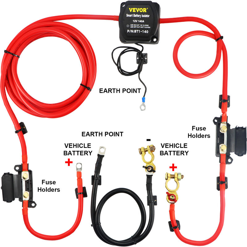 foto del prodotto split charge kit rele batteria per il tempo libero, jdqtj 4m 12v cc kit rele di carica con cavo batteria rosso 140a per veicoli fuoristrada, camper,
