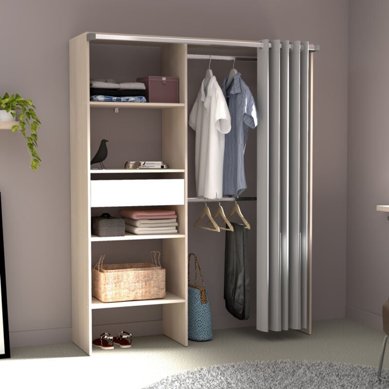 foto del prodotto spogliatoio con tenda, 4 ripiani, 2 armadi e un cassetto in legno e bianco bali