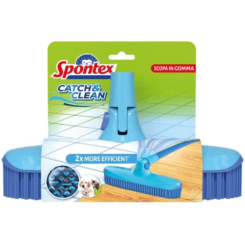 foto del prodotto spontex catch clean scopa in gomma per interno, manico non incluso, lavabile, cattura sporco e peli, azzurro