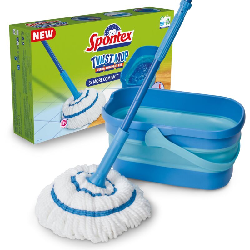 foto del prodotto spontex sistema compact twist mop e secchio, lavapavimenti in microfibra, sistema di strizzatura integrato, secchio pieghevole, 10 l, pulisce