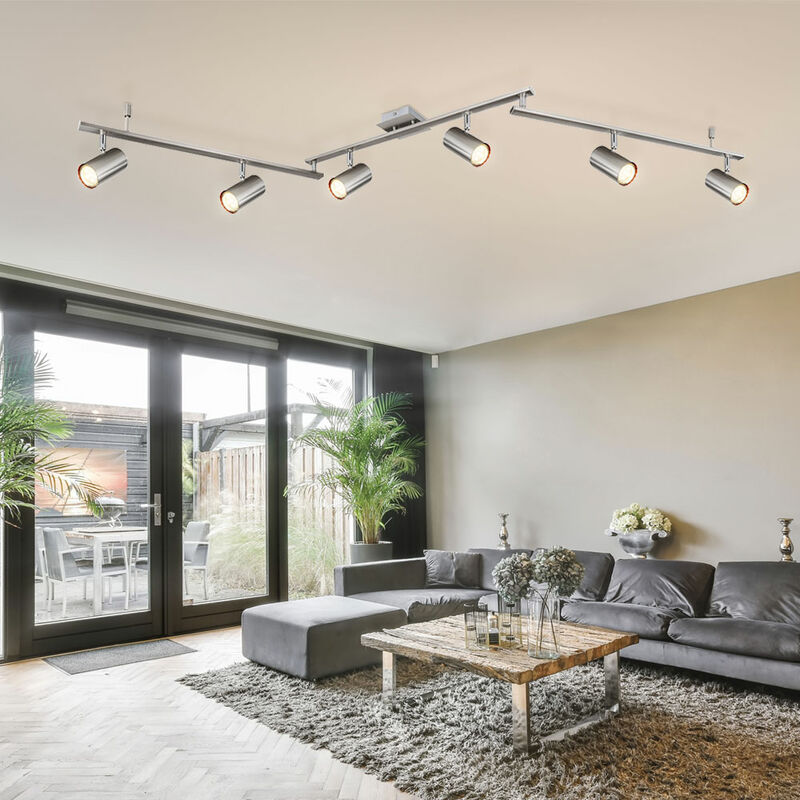 foto del prodotto spot bar faretto da soffitto soggiorno plafoniera a 6 fiamme punti argentati regolabili, metallo argento scandinavo, 6 prese gu10, lxlxa 180x10x18,5