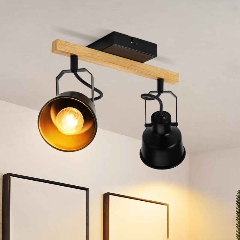 foto del prodotto spot da soffitto 2 spot da soffitto neri e14 plafoniera vintage girevole 350 max 25w douille e14 barra di spot industriale in grano di legno per