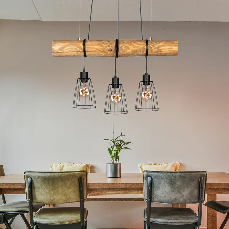 foto del prodotto spot light lampada a sospensione in legno lampada da sala da pranzo 3 fiamme lampada a sospensione paralumi reticolari, legno di pino tinto nero, 3