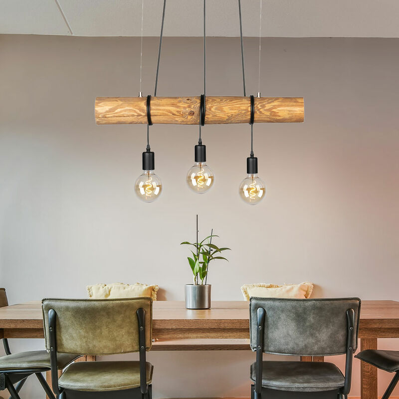 foto del prodotto spot light lampada a sospensione, tavolo da pranzo, legno, lampada per sala da pranzo, nera, regolabile in altezza, 3 fiamme, metallo, 3x e27,