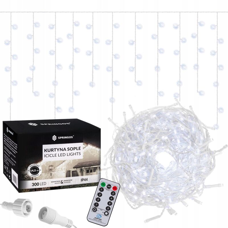 foto del prodotto springos luci tenda luminosa 300 led ip44 bianche telecomando