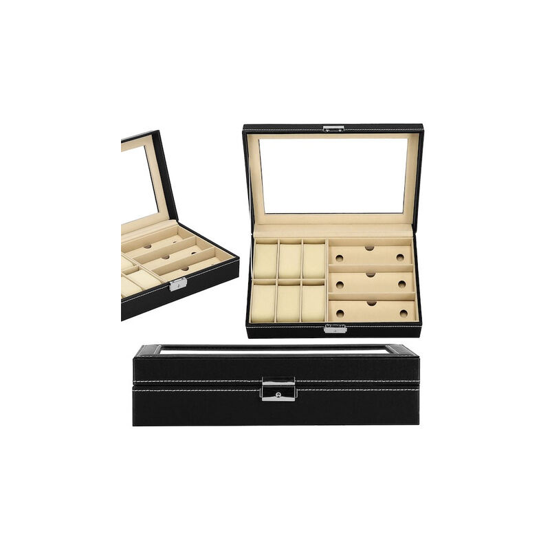 foto del prodotto springos scatola per orologi 30x20x8cm, organizer nero crema con scomparti in ecopelle.