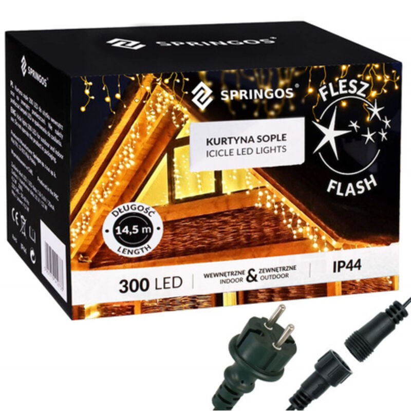 foto del prodotto springos - tenda di luci a led 300, catena luminosa esterna fiocchi bianchi caldi + flash.