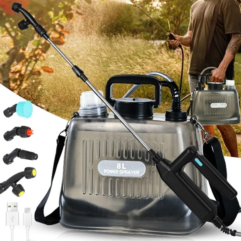 foto del prodotto spruzzatore a batteria da 2 galloni, potente spruzzatore elettrico da giardino con 4 ugelli nebulizzatori, tracolla regolabile, impugnatura