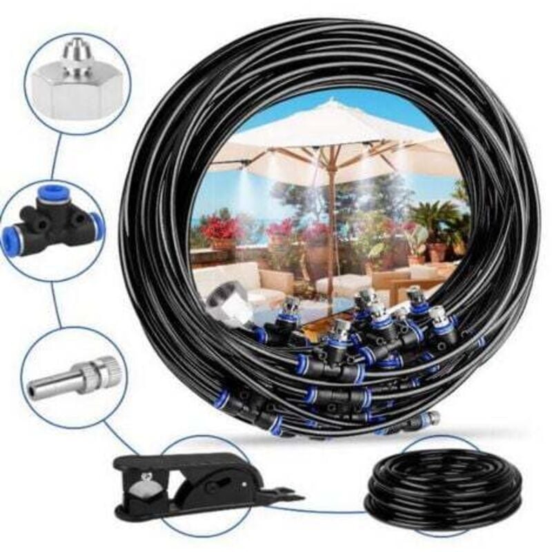 foto del prodotto spruzzatore da giardino, sistema di spruzzo da 15m con 15 ugelli spruzzatore da giardino di raffreddamento con tubo resistente e ugello rimovibile