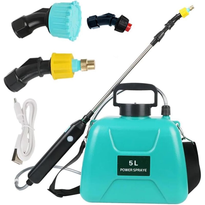 foto del prodotto spruzzatore elettrico da 5 litri, pistola a spruzzo telescopica ricaricabile con 2 ugelli, tappo a collo largo, batteria da 2400 mah per la pulizia a