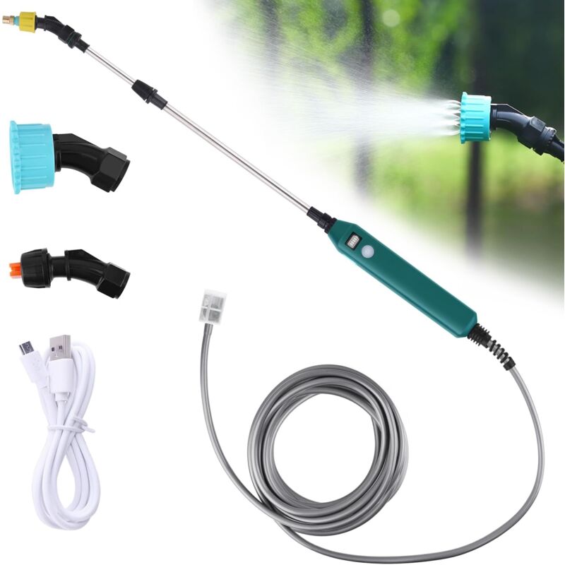 foto del prodotto spruzzatore elettrico per piante da giardino con 3 ugelli regolabili e tubo da 5 m con indicatore del livello della batteria