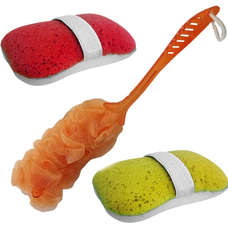 foto del prodotto spugna lava corpo schiena per bagno doccia uomo donna set3 manico lungo elastico mano in vari colori