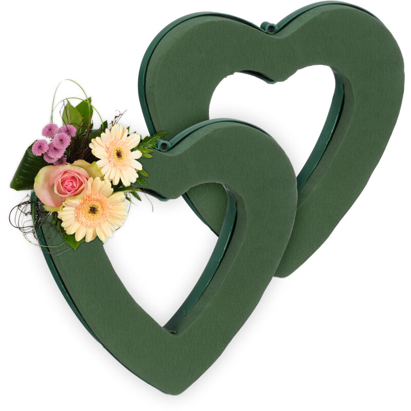 foto del prodotto spugna per fiori freschi e secchi, set 2 cuori in schiuma floreale, 24x23x4 cm, base ghirlanda fioristi, verde relaxdays