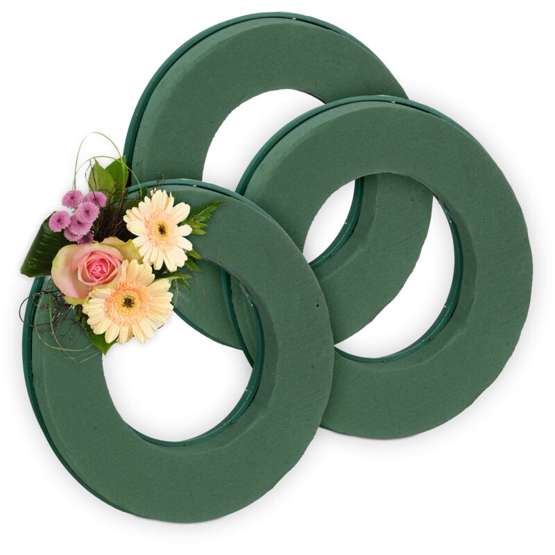 foto del prodotto spugna per fiori freschi e secchi, set da 3 cerchi in schiuma floreale, 25cm, base ghirlanda fioristi, verde relaxdays