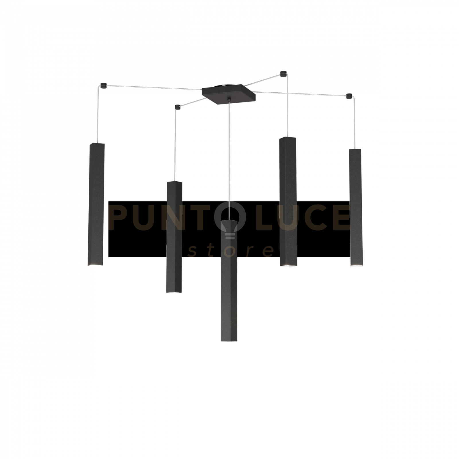 foto del prodotto square tube sospensione 5 luci nero cavo cm.250 con base 1173 s5 ne