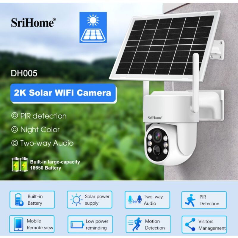 foto del prodotto srihome dh005 telecamera di sicurezza wifi solare 4mp con ptz e visione notturna