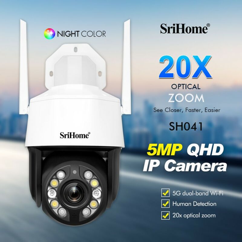 foto del prodotto srihome telecamera speed dome 5mp zoom 20x, audio two way, starlight, sd card, wifi