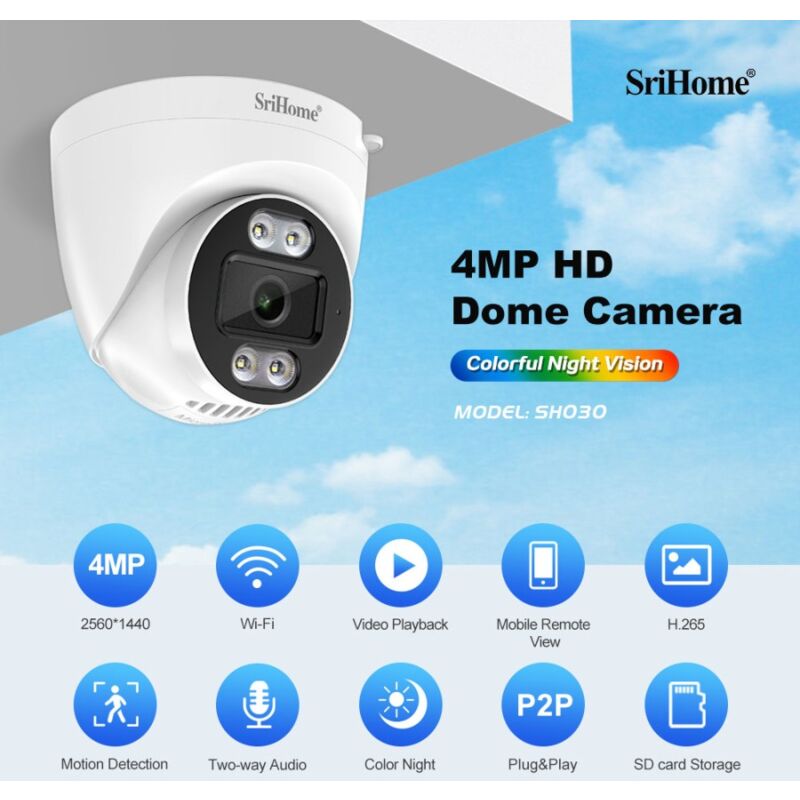 foto del prodotto srihome telecamera wifi ip sh030 risoluzione hd 4.0 mp, visione notturna infrarossi, onvif,p2p, slot sd e audio starlight