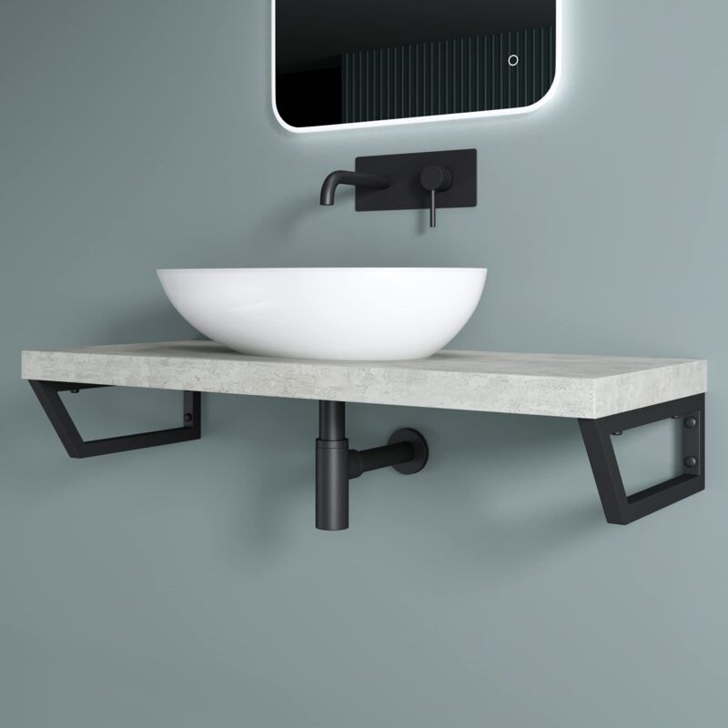 foto del prodotto staffa per lavabo reggimensola trapezio 48 cm in acciaio inox nero, supporto da parete per mensole, lavabi e portasciugamani, dimensioni 480x150 mm,