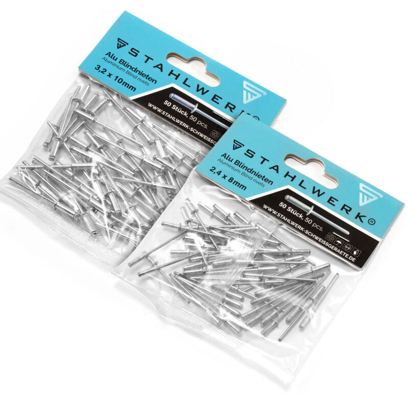 foto del prodotto stahlwerk set di 2 rivetti ciechi in alluminio 2,4 x 8 mm 3,2 x 10 mm per pinze per rivetti ciechi