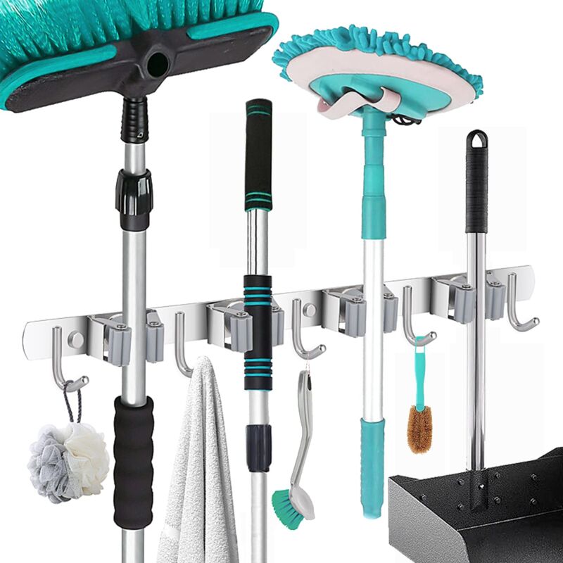 foto del prodotto stainless steel wall mounted broom holder, storage hanger holder for kitchen, laundry, garden garage 4 slots and 5 hooks 