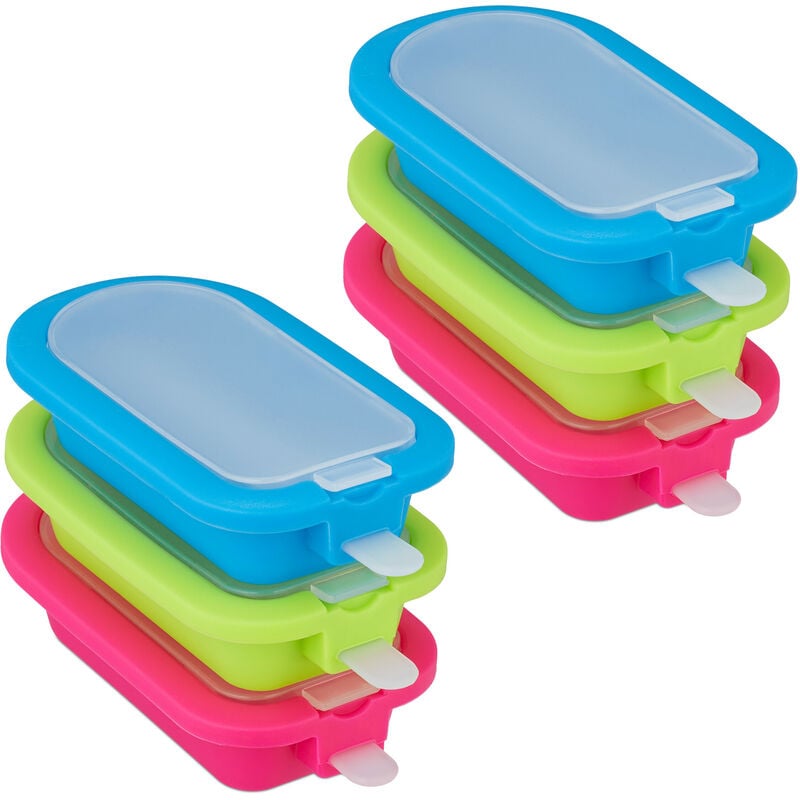foto del prodotto stampi in silicone per ghiaccioli, set da 6 formine senza bpa, forme per gelato con bastoncino, multicolore relaxdays