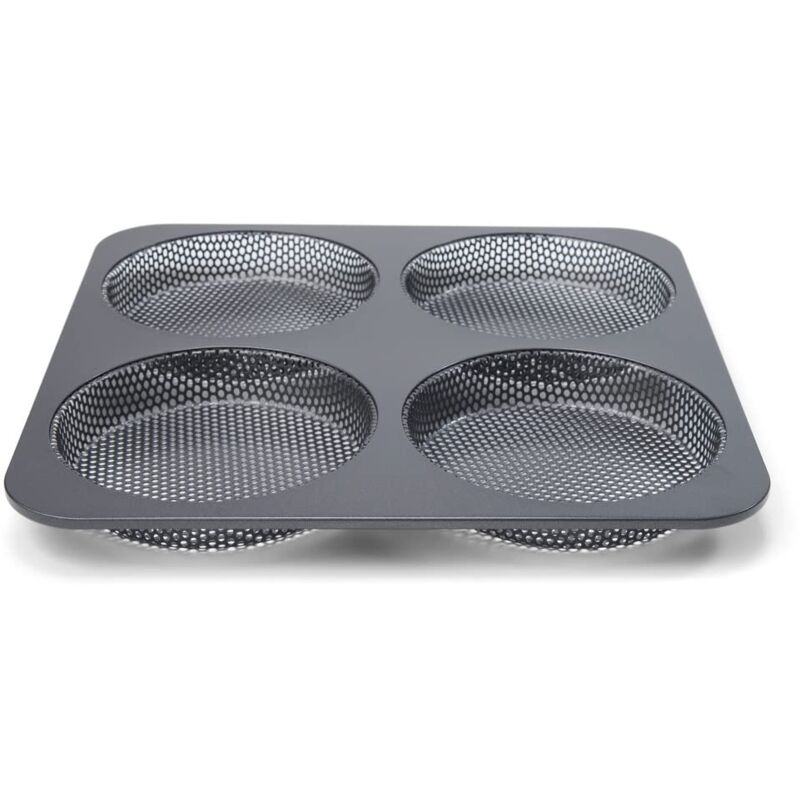foto del prodotto stampo forato per panini per hamburger, rivestimento antiaderente, 4 cavit rotonde da 12 cm ciascuna, dimensioni padella 28 x 28 cm, profondit 2,5