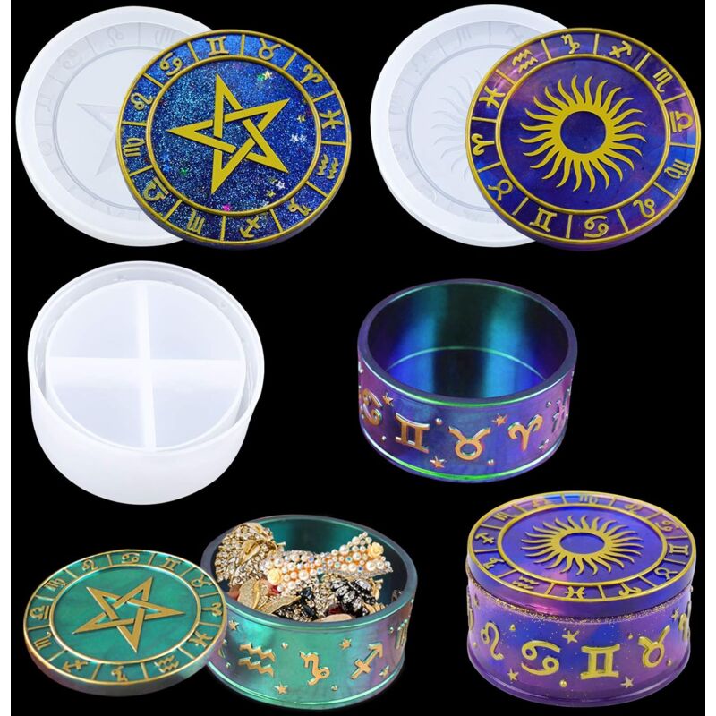 foto del prodotto stampo in resina per scatola portaoggetti a forma di costellazione con 2 coperchi a forma di sole e stelle dello zodiaco, stampo in silicone per