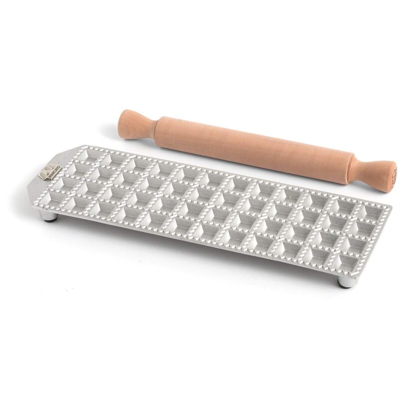 foto del prodotto stampo per ravioli, macchina per ravioli, forme per ravioli fatti in casa, taglio quadrato da 25 mm, spazio per ripieno abbondante, mattarello in