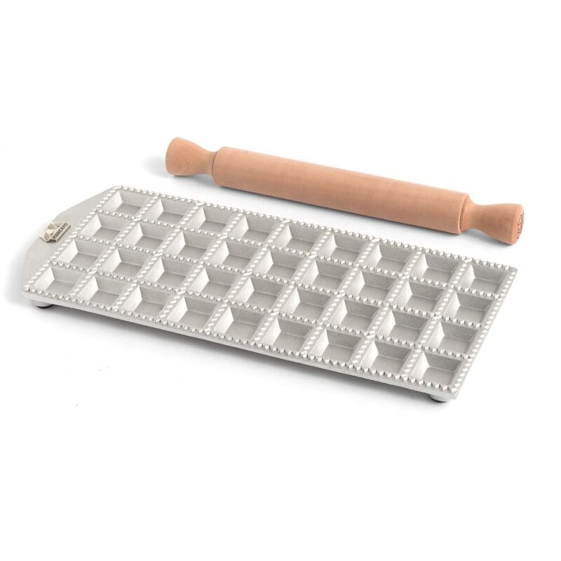 foto del prodotto stampo per ravioli, macchina per ravioli, forme per ravioli fatti in casa, taglio quadrato da 35 mm, spazio per ripieno abbondante, mattarello in