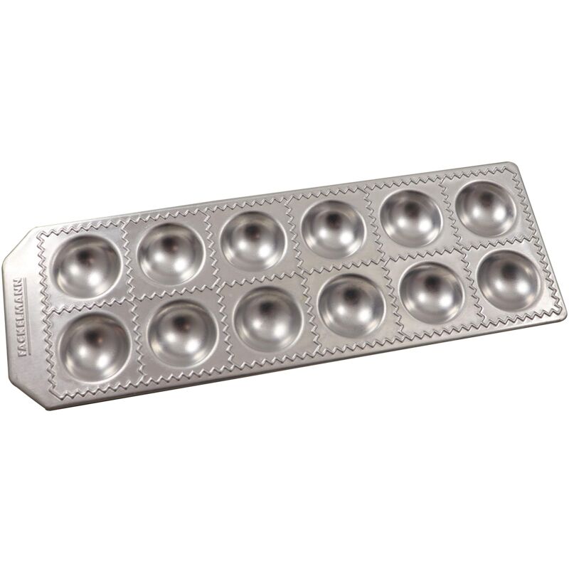 foto del prodotto stampo per realizzare ravioli fatti in casa, con 12 impronte dalla forma tonda, materiale in resistente alluminio, dimensioni 34x11,5x2 cm, linea