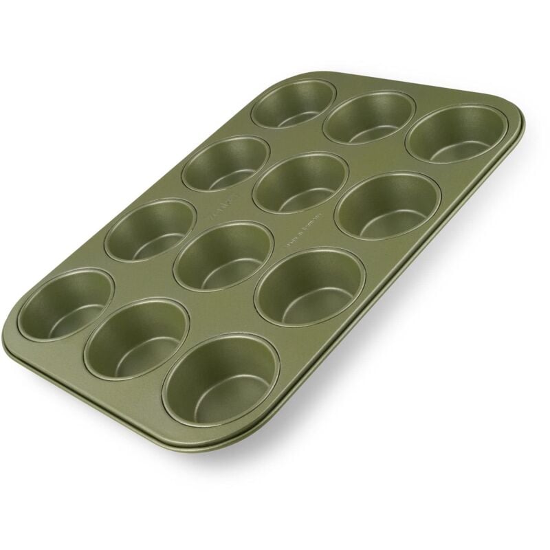 foto del prodotto stampo teglia per muffin 12 impronte 7 cm, in acciaio carbon steel rivestimento antiaderente ilag in cera di carnauba, 38.5 x 26.5 cm colore verde