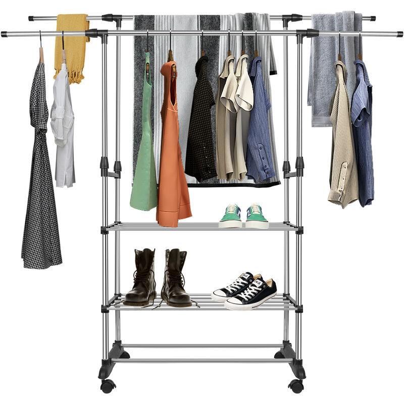 foto del prodotto stand appendiabiti a doppia asta con 3 vani portaoggett haloyo stand appendiabiti,appendiabiti da terra,con ruote,78 x 42 x 70 150 cm,nero