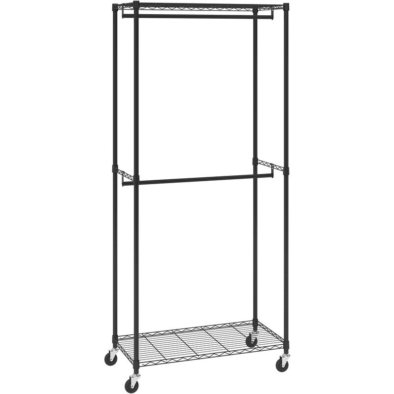 foto del prodotto stand appendiabiti a rotelle capacita carico statica max. 136 kg con 2 ripiani carico 45 kg singolo camera da letto soggiorno, appendiabiti 4 ruote