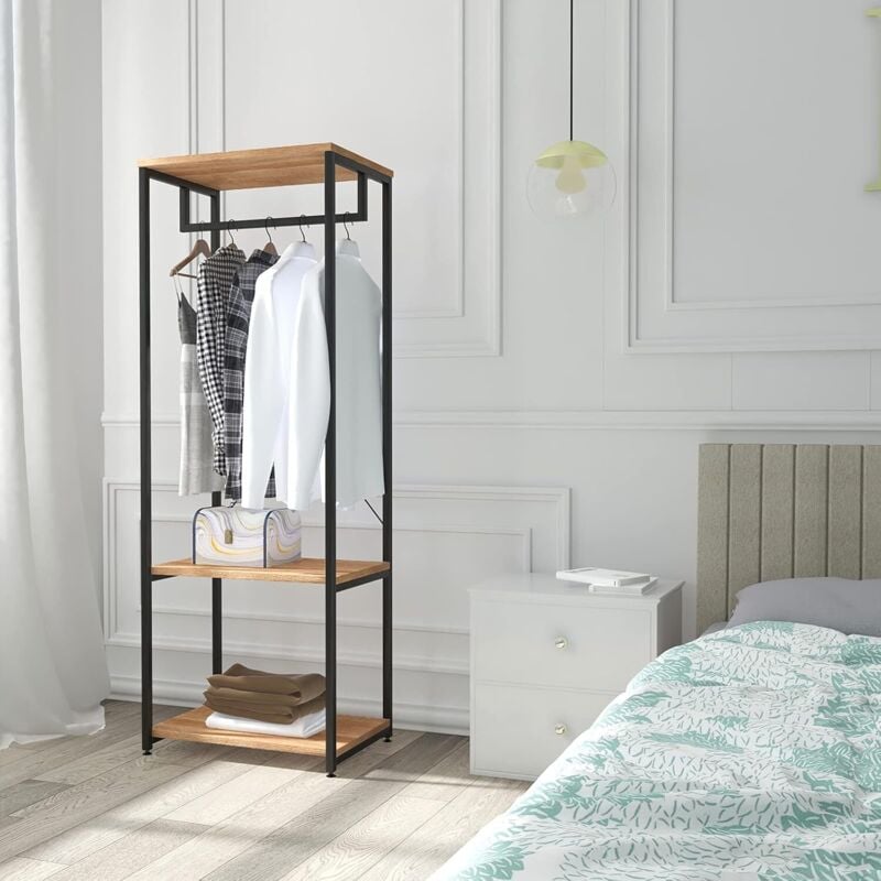 foto del prodotto stand appendiabiti attaccapanni guardaroba scaffale a 3 ripiani portabiti legno nero woltu