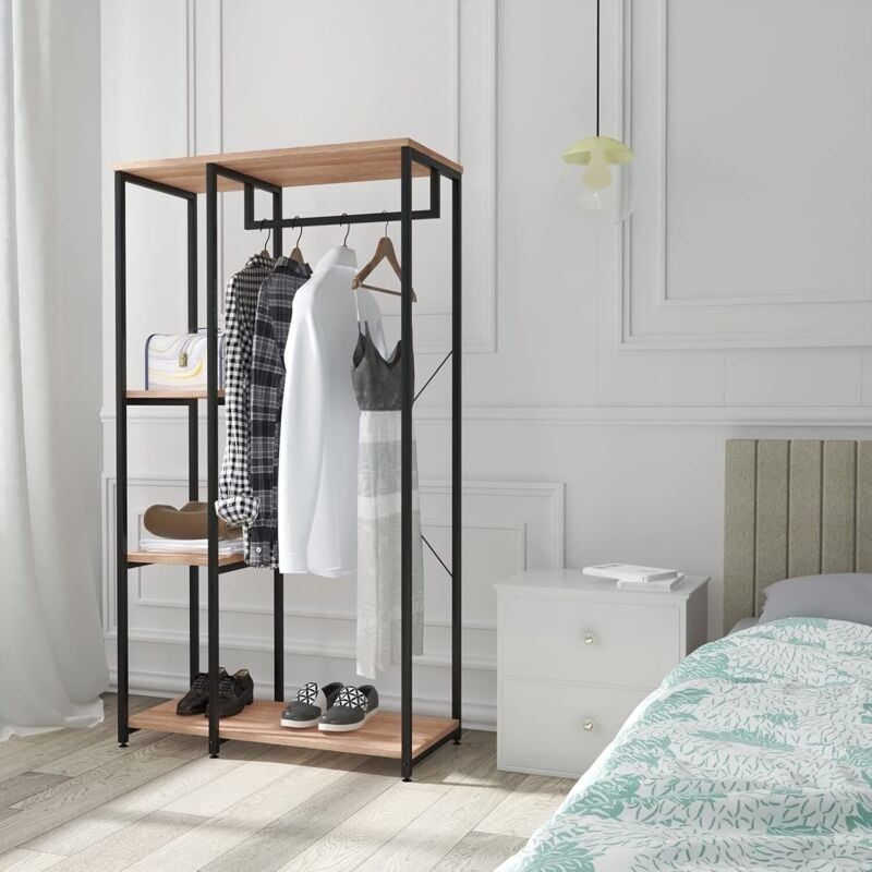 foto del prodotto stand appendiabiti con ripiani attaccapanni guardaroba scaffale portabiti legno nero woltu